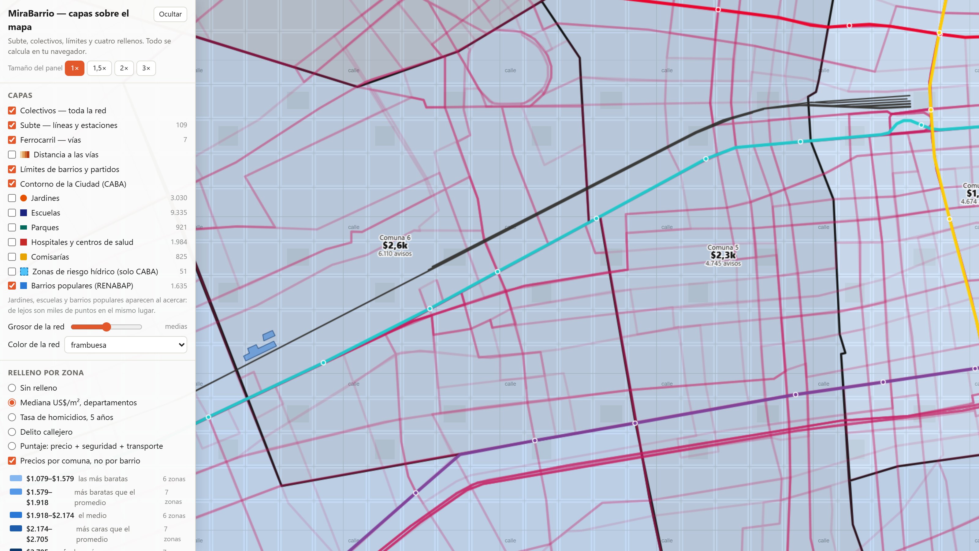 Vista de barrio con la red de transporte y polígonos de delito