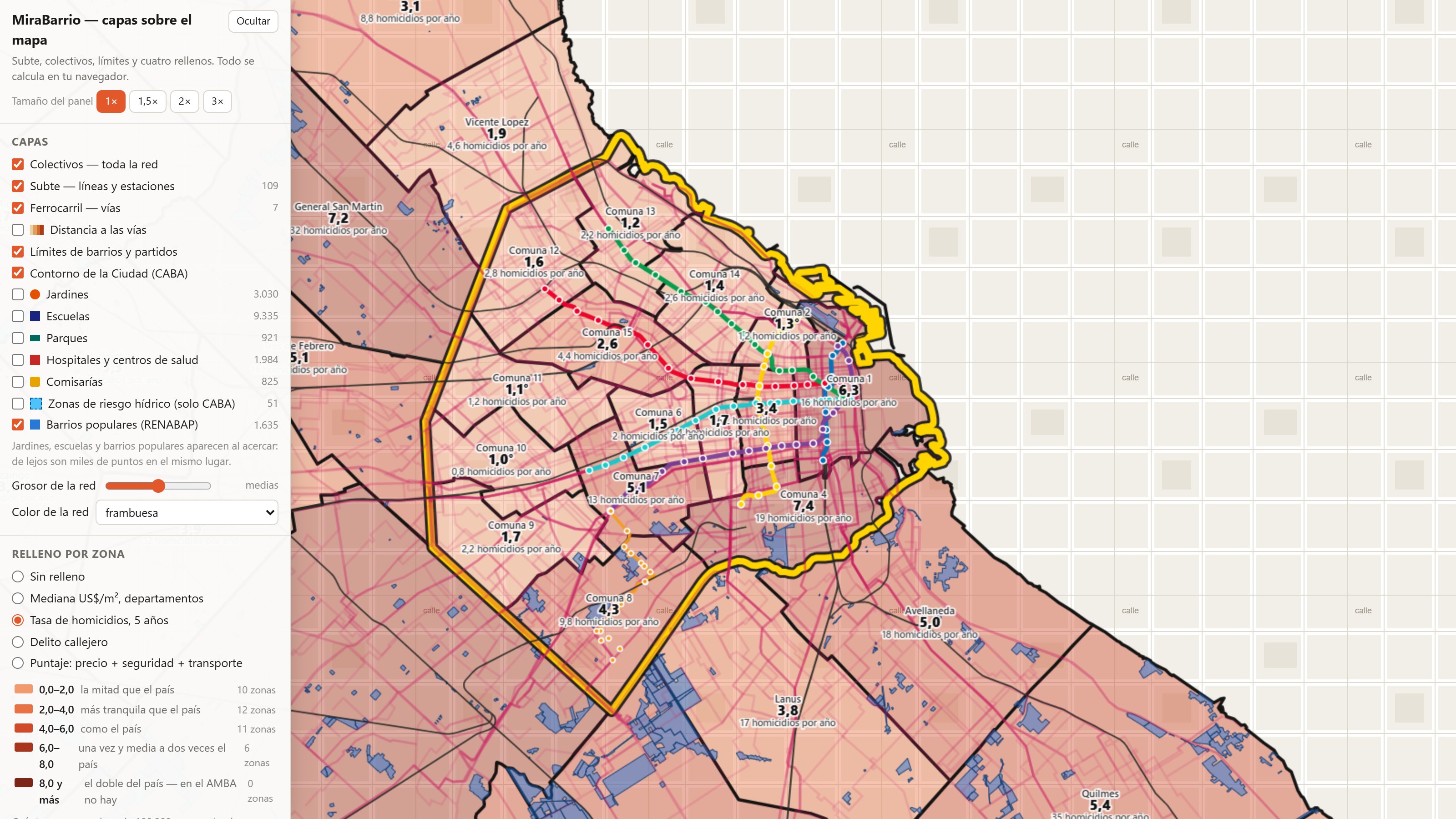 Mapa con la tasa de homicidios por comuna